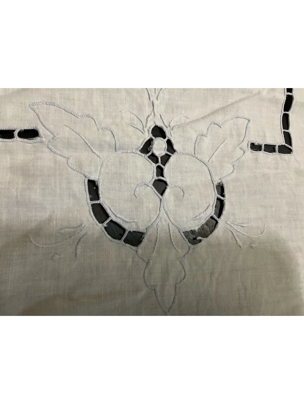 Vintage White Linen Embroidered Table Runner with Cutwork 32 1/2” x 14”